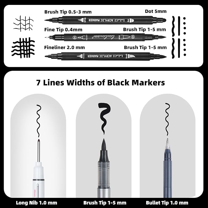 LIULIUCAI 6 Pcs Black Paint Pens– Fine Point Black Gel Pens, Dual-Tip Acrylic Paint Markers, Long Nib Alcohol Marker, Brush Tip Black Markers for Coloring Drawing Sketching Calligraphy Rock Painting
