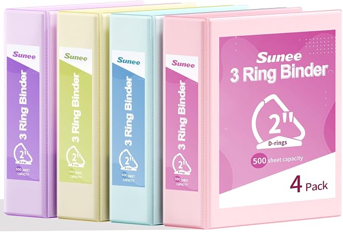 SUNEE 3 Ring Binder 2 Inch, Clear View Binder Three Ring PVC-Free (Fit 8.5x11 Inches) for School or Office Supplies, Assorted Pastel, 4 Pack