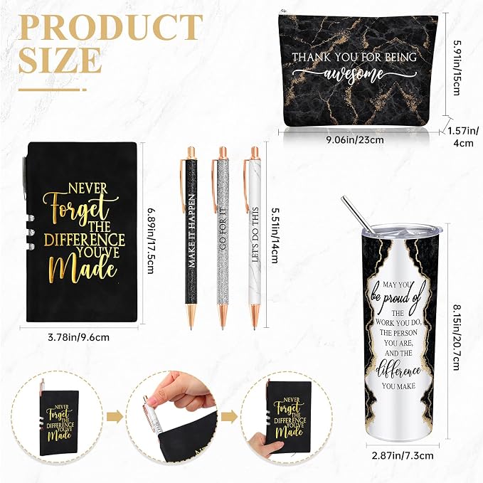 Domensi 6 Pcs Employee Appreciation Gift Set for Women Female Thank You Gift May You Be Proud 20 oz Rustic Marble Sign Tumbler Makeup Bag Journal for Boss Teacher Work Business(Black)