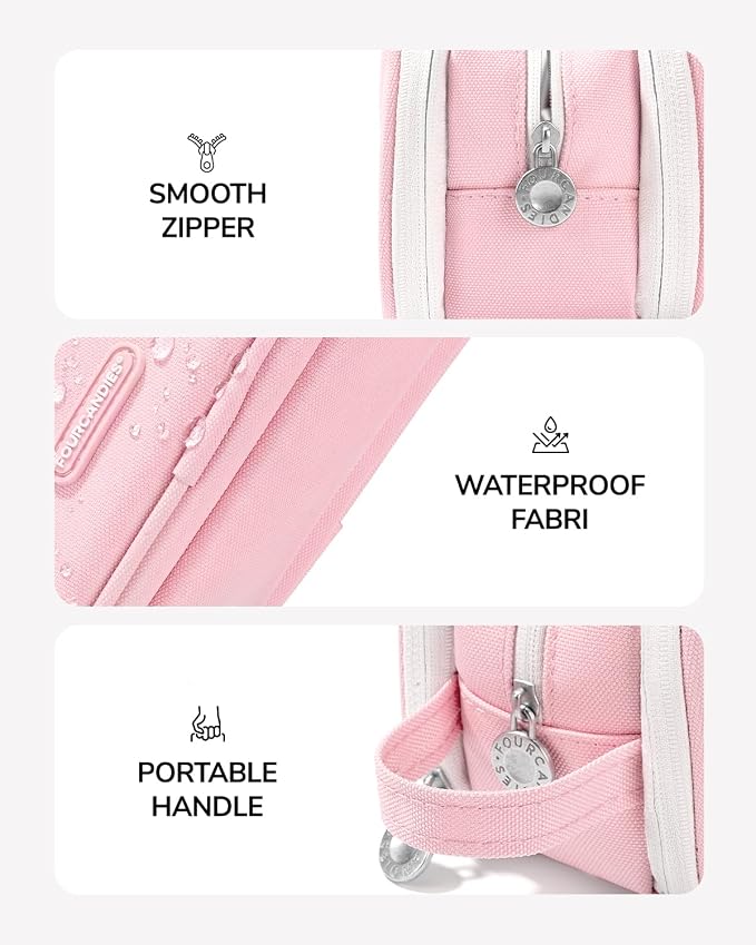 Four Candies Large 3-Compartment Pencil Case Organizer Pouch | Large Pen Bag for Stationery & Office Multi-Purpose Organizer Makeup Bag Travel Bag with Handle (Pink)