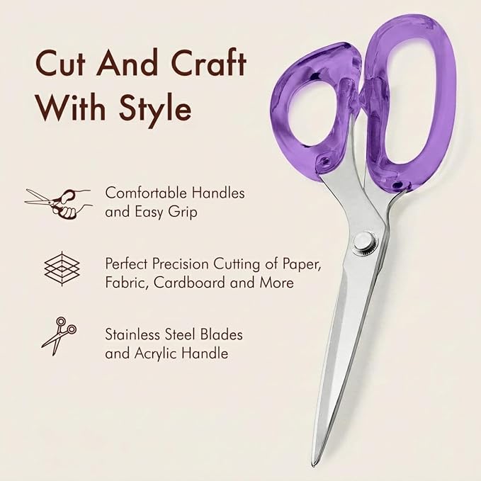 OfficeGoods 9” Stainless Steel Acrylic Scissors for Office and Home - Aesthetic and Sharp All Purpose Scissors, Perfect for Sewing, Arts and Crafts - Purple Silver Metal