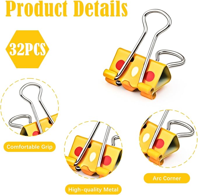 BAYTORY 32Pcs Cute Binder Clips, 3/4 Inch (19 mm) Small Binder Clips | Colored Paper Clip, Paper Clamps for School Teachers Office Supplies (Light Yellow, Dark Yellow, Pink, White)