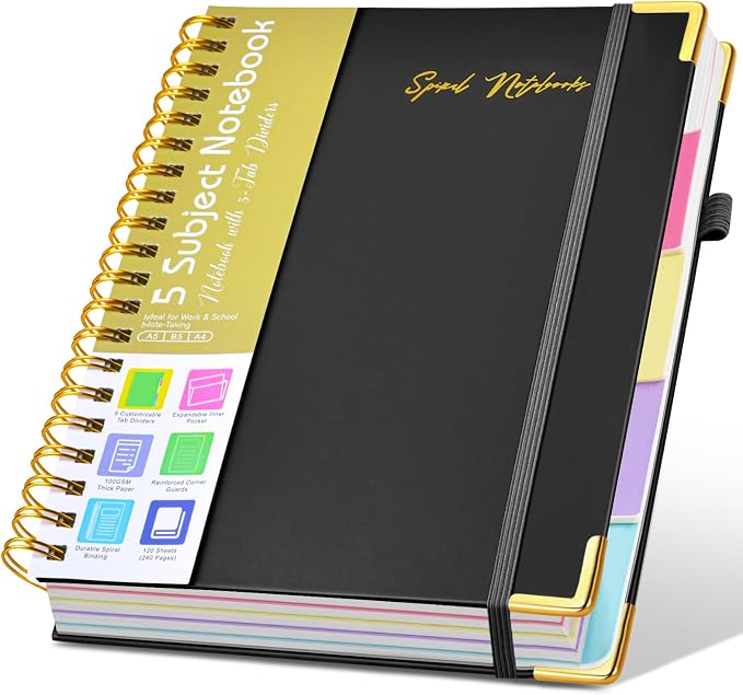 Hardcover Spiral Notebooks for Work, 5 Subject Notebook College Ruled with Dividers Tabs, Lined Organizer Notebook Journal for women, 8"x10" Large B5 Notebooks for School Note taking, 240 Pages Black