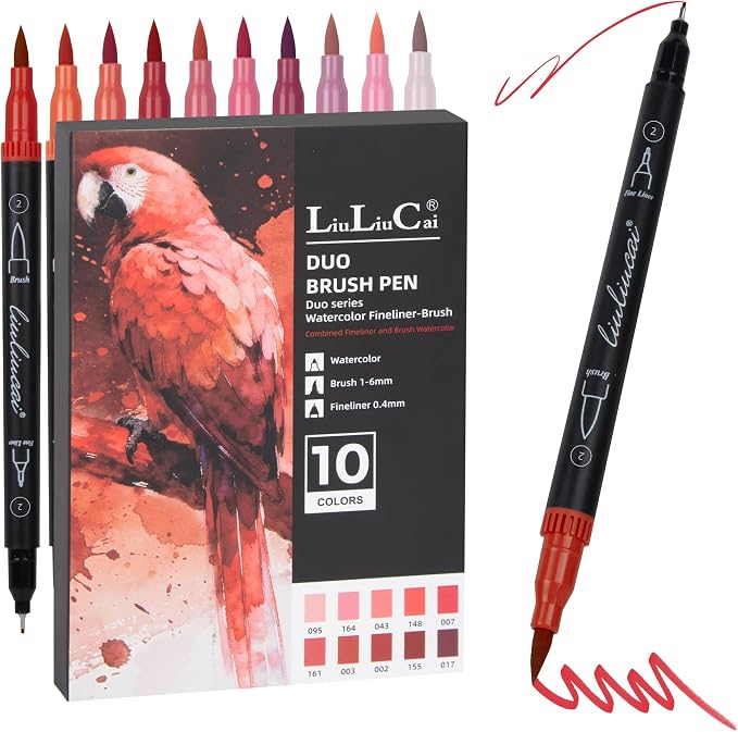 LIULIUCAI 10 Red Dual Markers, Fine & Brush Tip Pen for Adult Coloring | Bold Red Markers Brush Pens for Christmas Cards, Love Letters, Highlights Outlining, Signatures Illustration Gift