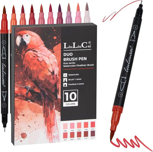 LIULIUCAI 10 Red Dual Markers, Fine & Brush Tip Pen for Adult Coloring | Bold Red Markers Brush Pens for Christmas Cards, Love Letters, Highlights Outlining, Signatures Illustration Gift