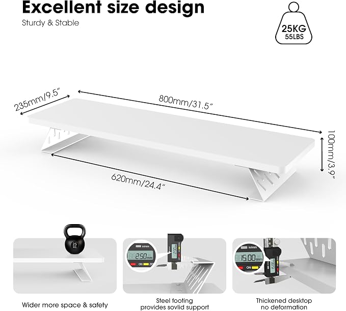 Fenge Monitor Stand Riser, Wooden & Metal Desk Shelf Organizer, White | 31.5 Inch Computer Stand for Compact Work Station, Multifunctional Monitor Shelf for Laptop, PC, Printer