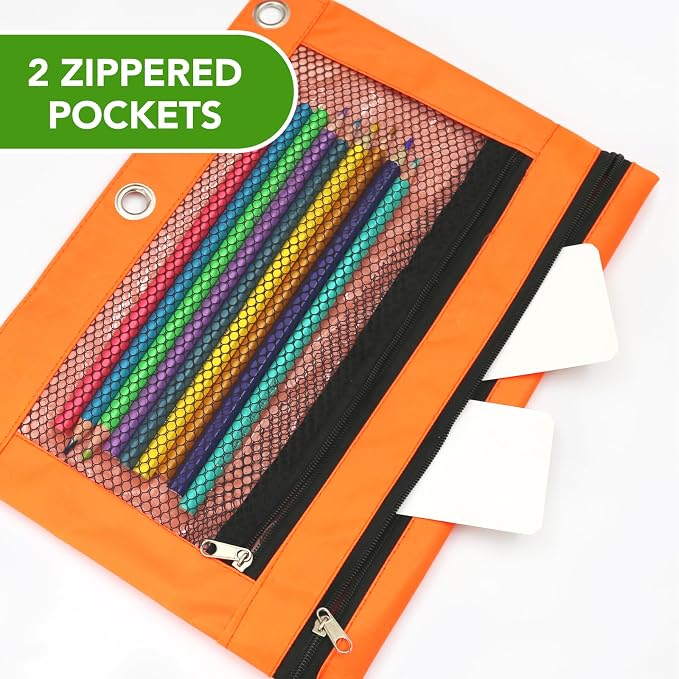 Pencil Pouch for 3 Ring Binder, Heavy Duty Canvas Dual Zipper Pen Bag with Clear Window, Smooth Metal Zipper, Fit Standard 3-Ring Binders for School Office Travel Supplies (Orange)
