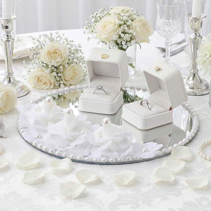 Liliaafar Wedding Mirror Tray with 2 Pcs Ring Boxes Mirrors Flat Circle Plates with Pearl Roses Design Trays for Table Centerpieces Wedding Party Centerpieces