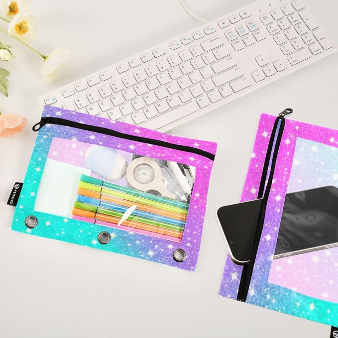 Gredecor 3 Ring Binder Pencil Pouch, Gradient Sparkles Glitter Zippered Pen Case Pouches with Clear Window, 2 Pack Stylish Office & School Supplie