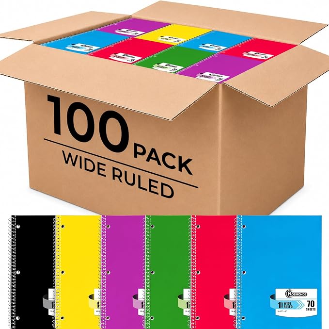 Rosmonde 100 Pack 1 Subject Spiral Notebook Wide Ruled Bulk, 140 Pages (70 Sheets), Thick No-Bleed Paper, 8 x 10-1/2", 3 Hole Punched, Wide Ruled Notebook 1 Subject, Bulk Subject Notebook for School