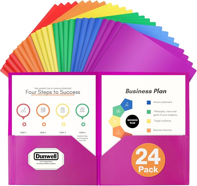 Dunwell Plastic 2-Pocket Folders (24 Pack, Assorted Colors), 8.5x11 Document Folders for School and Office, Heavy Duty Poly, Long Lasting, Includes Labels