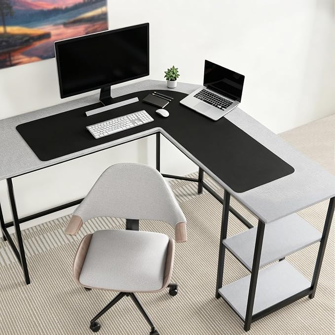 L Shaped Gaming Desk Mat Mouse Pad, Black, 56"x54.8"x16" | PU Leather Corner Desk Mat Blotter, Waterproof Desktop Protector for Computer Keyboard Home Office