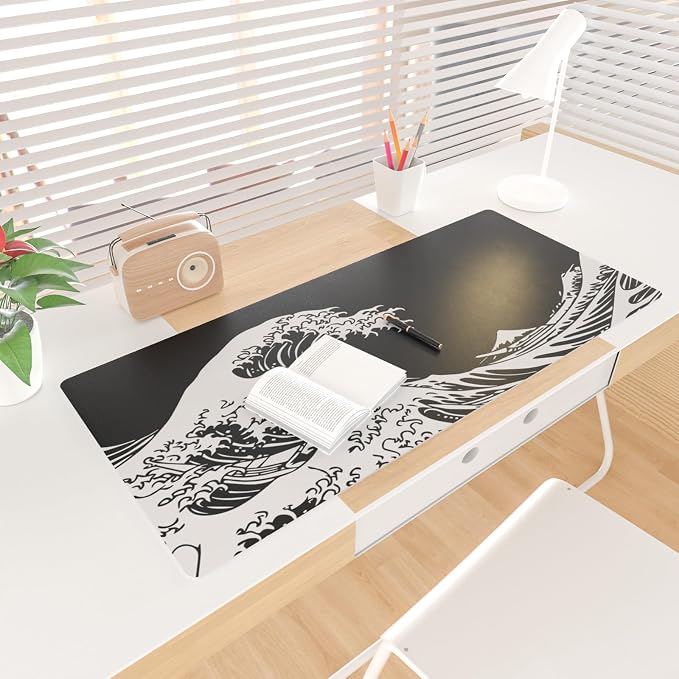 Colorful Star Japanese Sea Waves PU Leather Desk Pad, 31.5" x 15.7" | Waterproof Desk Mat Large Keyboard and Gaming Mouse Pads for Office, Non-Slip Writing Pad Desk Accessories for Women Men