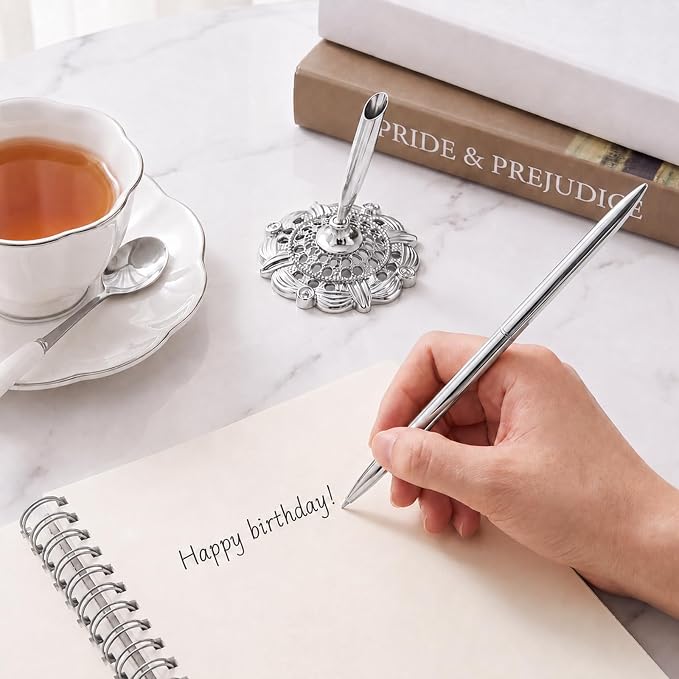 2 Pcs Gold Bridal Shower Pens for Guest Book with 360° Rotating Metal Pen Holder, Wedding Guest Book Signing Pen Set, Durable Metal Ballpoint Pens for Reception Table Decor