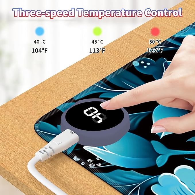 Heated Desk Pad Large Mouse Pad 31.5 x 13 inch with 3 Levels Heating & Auto Shut-Off Warm Mouse pad PU Leather Computer Mousepad for Home Office Work - Blue Floral Flower