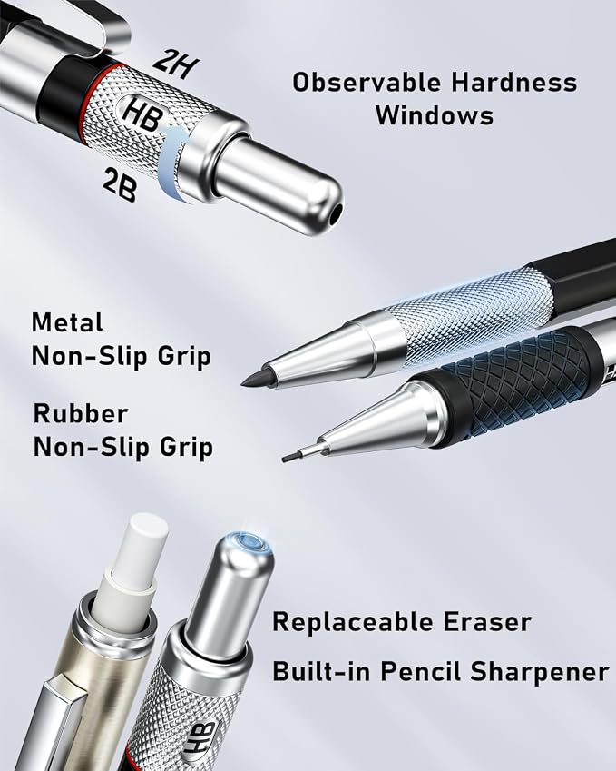 Four Candies 25PCS Mechanical Pencil Set, 0.5, 0.7, 0.9 & 2mm, Storage Case | 432 Lead Refills (HB 2H 2B 4B Color), Kneaded Eraser, Technical Drawing Kit, Sketching, Art Drawing, Drafting