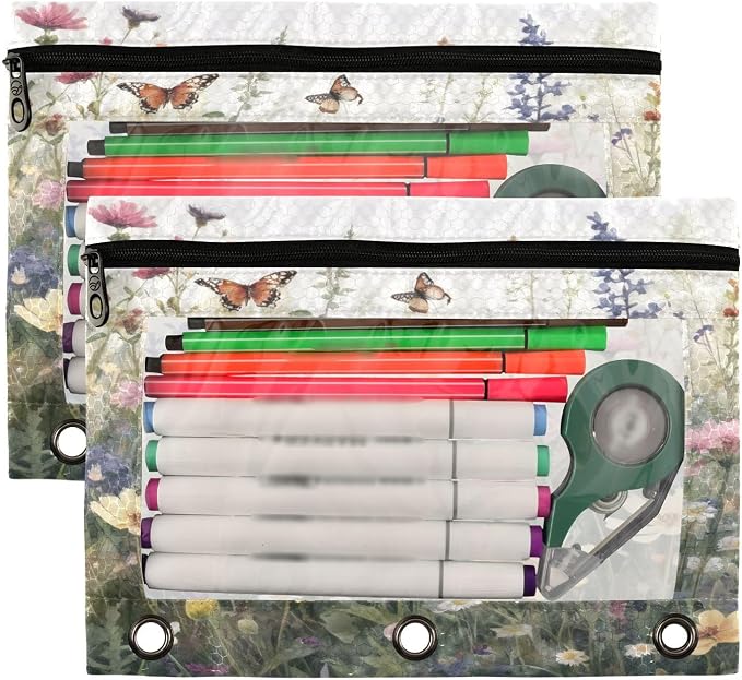 Butterfly Wildflower Pencil Pouch Fits standard 3-ring binders, Zipper Binder Pencil Bag with Clear Window for Office 2 Pack