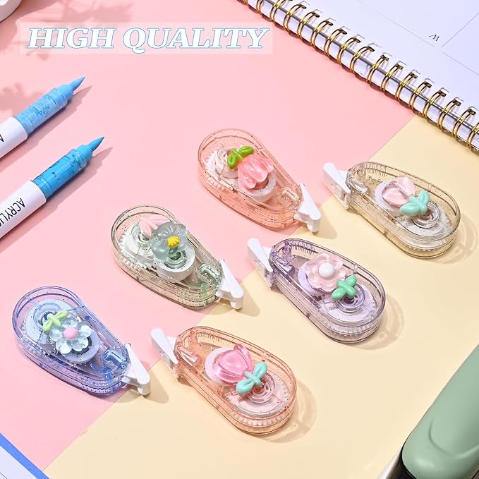 Temiary 6P Aesthetic Correction Tape, White Smooth Pull Out, Flower | Cute Correction Applicator for Instant Corrections, Aesthetic Correction Tapes for Students Back To School Office Supplies