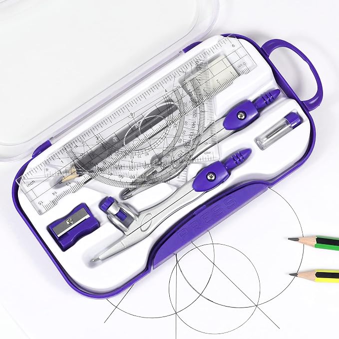 Unjoo Geometry Set 10 Pcs Student Supplies, Protractor and Compass,Purple | Shatterproof Storage Box,Rulers,Protractor,Compass,Eraser,Pencil Sharpener,Lead Refills,Pencil,for Classroom, Back to School