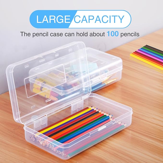Sooez 1 Pack Pencil Case, Clear Pencil Box with Stickers, Large Plastic Crayon Box with Snap-tight Lid, Stackable Storage Art Craft Marker Organizer for Kids Boys Back to School, Orange