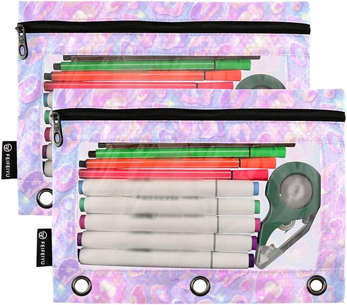 Gredecor Binder Pencil Pouch 3 Ring Pastel Leopard Purple Zipper Pencil Pouches Case 2 Pack Clear Binder Organizer for School Office