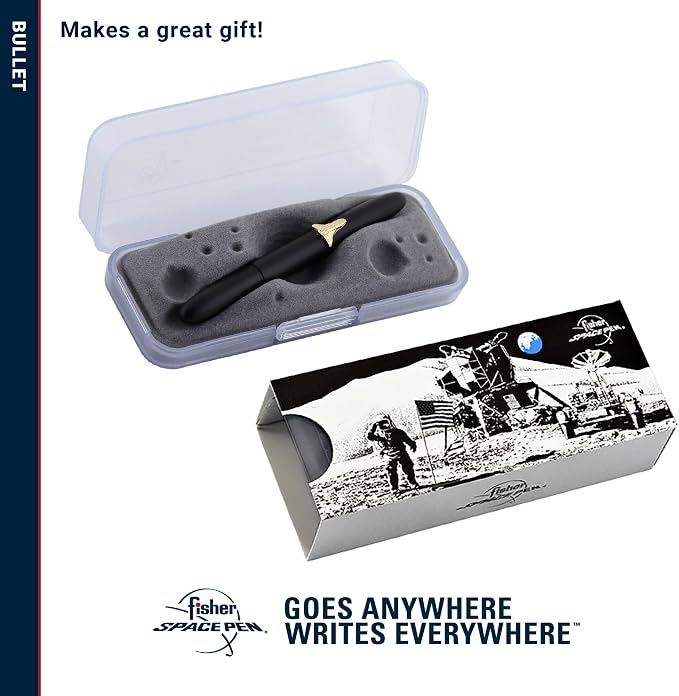 Fisher Space Pen Matte Black Shuttle Emblem Bullet Pen, Pressurized Ballpoint Pen, Compact Size, Writes Upside Down, Extreme Temperatures, Smooth Black Ink, Medium Point, Gift Box, Made in USA
