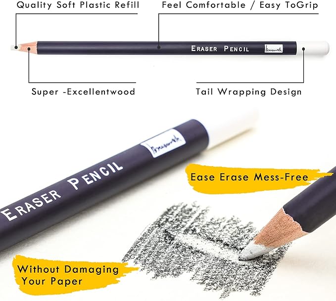 Brusarth Eraser Pencils Set - Professional 3pc Erasing Small Details or Add Highlights for Sketching, Colored Pencils, Charcoal Drawings. Fine Detail Eraser for Beginners & Artists