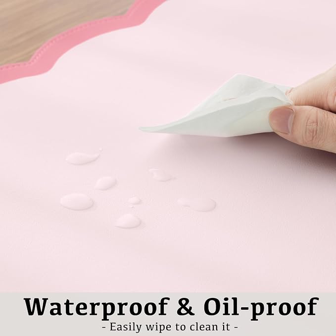 Scalloped Desk Mat, 23.6" x 11.8" Cute Small Aesthetic Desk Accessories, PU Leather Computer Laptop Desk Mouse Keyboard Pad, Desk Writing Mat for Vanity/Work/Home Decor Pink