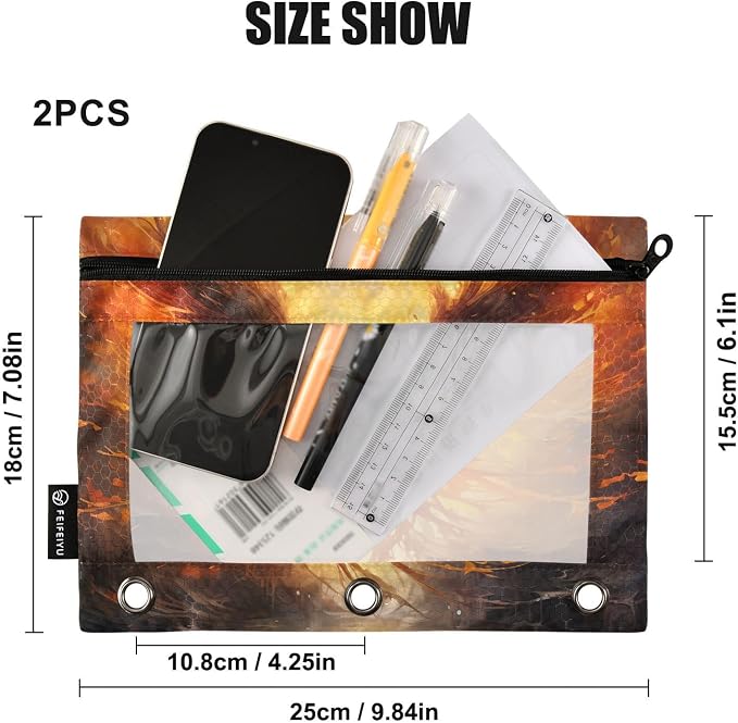 ALAZA Pencil Pouch for 3 Ring Binder, Fire Phoenix Bird Binder Pencil Pouches with Clear Window Zipper Pencil Case Cosmetic Bags for Office College Supplies, 2PCS