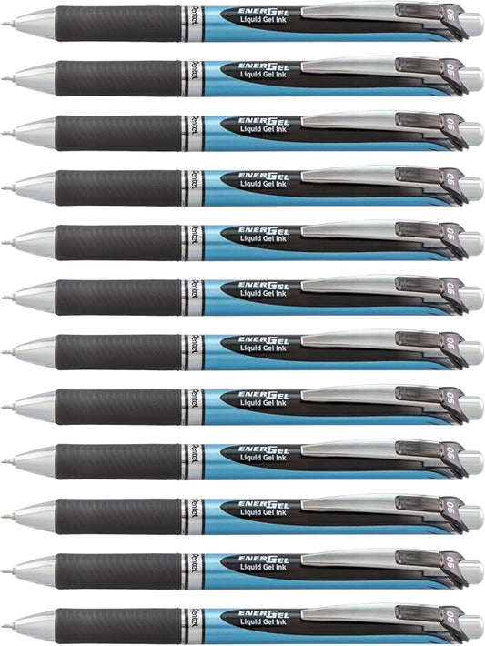 Pentel® EnerGel™ Deluxe RTX Retractable Liquid Gel Pens, Fine Point, 0.5 mm, 54% Recycled, Blue Barrel, Black Ink, Pack Of 12 Pens