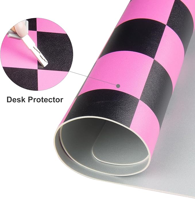 Colorful Star Black Pink Plaid PU Leather Mouse Pad, 31.5" x 15.7" | Waterproof Office Desk Mat, Non-Slip Gaming Mouse Pad, XXL PC Laptop Protector Pads, Desk Writing Pads for Office Home