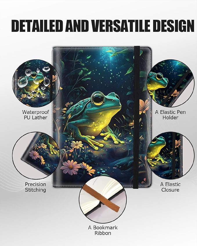 Hardcover Executive Notebooks, A5 PU Leather Lined Journal Notebook, 200 Pages Thick Paper Subject Notebooks for School,Work,Home Writing Business Notebook, Diary Book, Green Frog