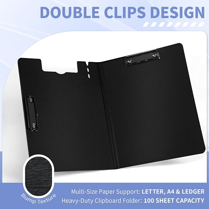 Clipboard Folder, with Dual Metal Clips, Embossed-Texture, Folding 360° Rotating, Nursing Clipboard for Letter and A4, Pen Holder (Black, 1)