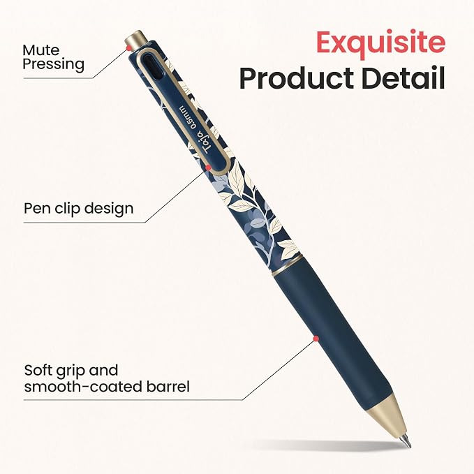 Taja Gel Pens, Floral Aesthetic 6 Pcs Quick Dry Black Gel Ink Pens, 0.5mm Fine Point Smooth Writing Pens for Journaling and Note Taking, Cute Aesthetic Pens for Women & Men-Floral