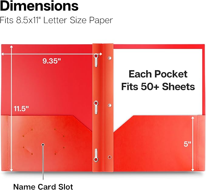 Dunwell Plastic 2-Pocket Folders with 3 Prongs, (2 Pack, Red), Durable Acid-Free Poly is Cleanable, Tear Resistant, 3-Clasp Document Holder, Labels Included