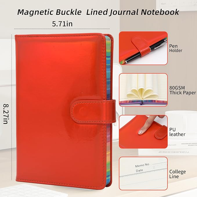 Magnetic Closure Buckle Journal Notebook 360 Pages Macaron Colors Thick Lined Notebooks 5.9x8.3 Soft Leather Journals Magnetic Diary Writing Supplies Work Note Taking Diary(Macaron Red)