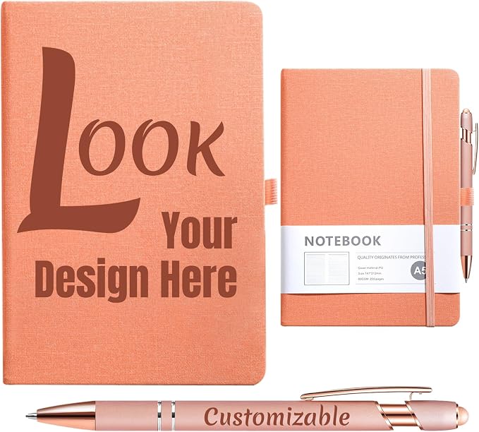 Custom Notebook and Personalized Ballpoint Pen Set, Customizable A5 Journal with Personalized Engraved Logo/Text/Image, 192 Pages, 8.3 x 5.8 Inches, Pink
