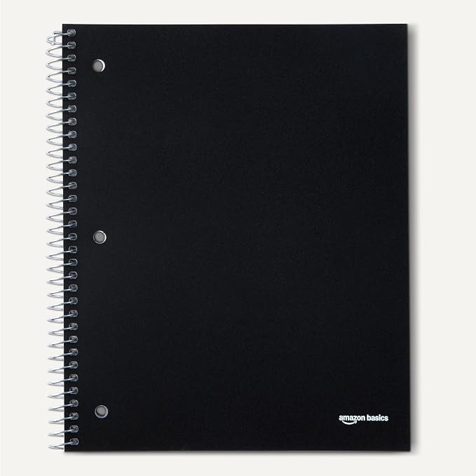 Amazon Basics Wide-Ruled Spiral Notebooks with Pocket Divider, 8" x 10.5", 100 Sheets, Perforated Pages, Assorted Primary Colors, 3-Pack