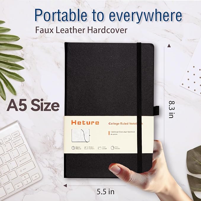 Heture Hardcover Notebooks, 6 Packs A5 Lined Journals Notebook for Writing 160 Pages, 8.2 x 5.5 inch, Black Classic Ruled Notebooks for College/Work/Travel (Black-6 Pack)