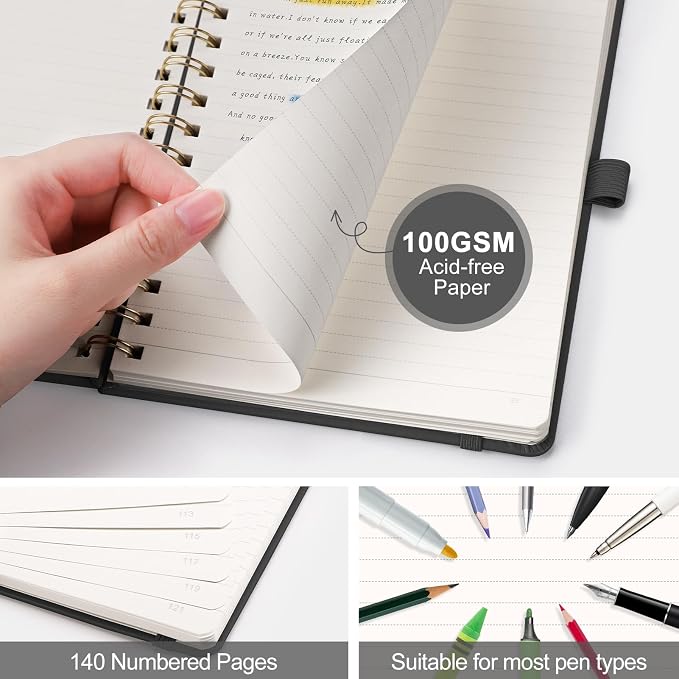 AHGXG Lined Spiral Journal Notebook, 140 Pages, A5 (5.7" x 8.3") | Journals for Women, Hardcover Leather Notebook College Ruled, 100 GSM Paper, for Work School Note Taking (Black)