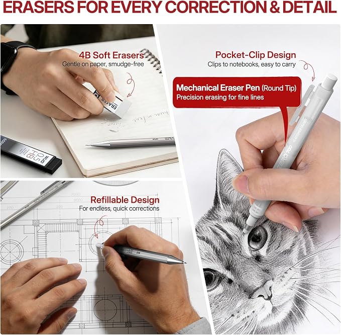 WUO 0.5&0.7mm Mechanical Pencil Set with Eraser Pen, 8PCS Metal Mechanical Pencils, 480 HB Lead Refills, 3PCS 4B Erasers, 10PCS Eraser Refills for Writing, Drafting, Drawing & Sketching