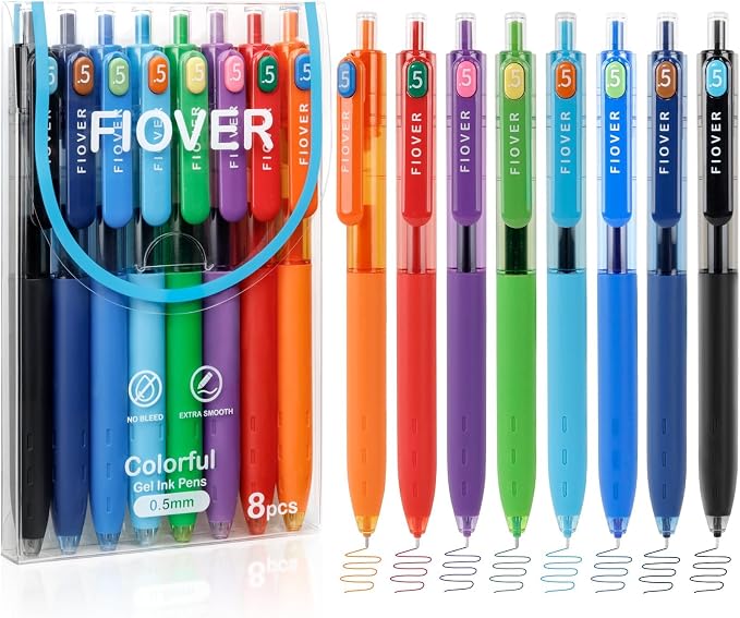 FIOVER Colored Gel Pens, 8 Pack, 0.5mm Fine Point | Quick Dry, Smooth Writing, For Journaling, Planner, Note Taking, School Supplies