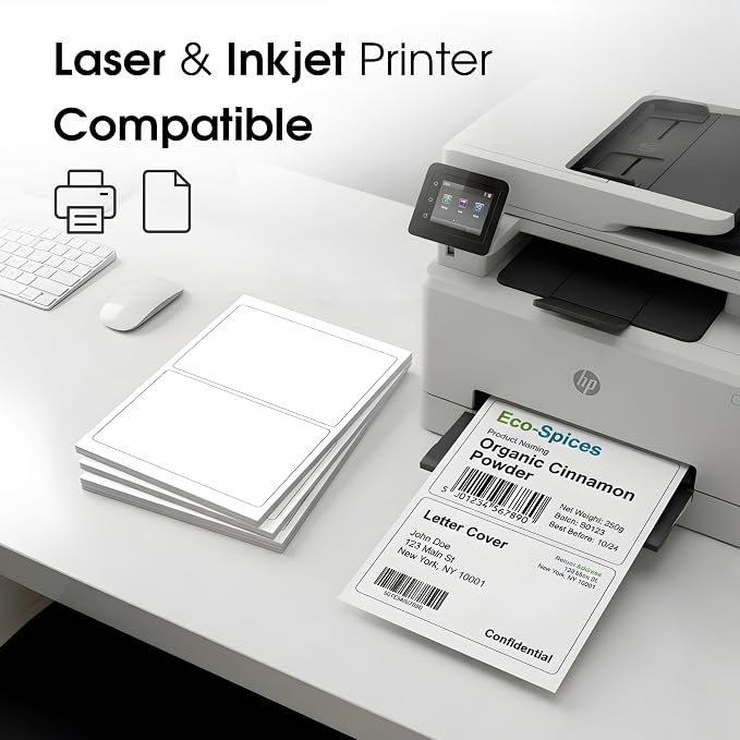 8.5" X 5.5" Matte White Printable Half Sheet Shipping Labels (30 Sheets, 60 Stickers) Mailing and Address Labels for Laser & Inkjet Printers - Spartan Industrial Template R025