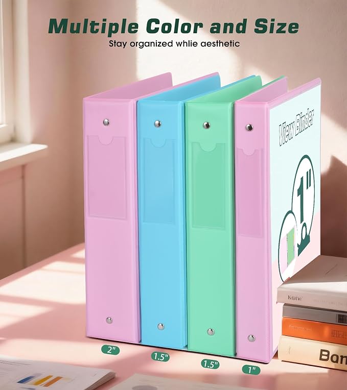 3 Ring Binder 1 inch，Cute Binder Organizer with 5 Tab Dividers Fits 175 Sheets of 8.5x11 Paper, Customizable Clear Cover with Inside Pockets, Aesthetic 1" Three Ring Binders for School Office，Green