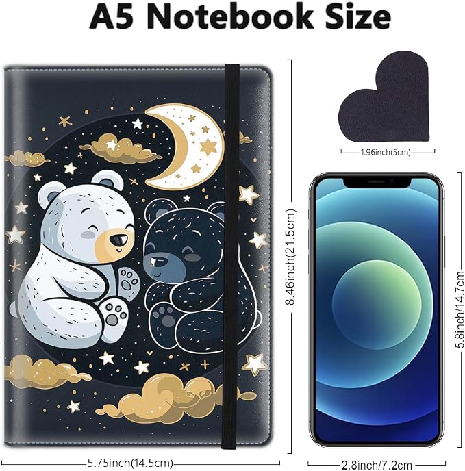 A5 Leather Lined Journal Notebook, 200 Pages Hardcover Executive Notebook for Men Women Office School Note Taking, Thick Writing Paper Daily Journal with Bookmarks/Indexes,Cute Bear