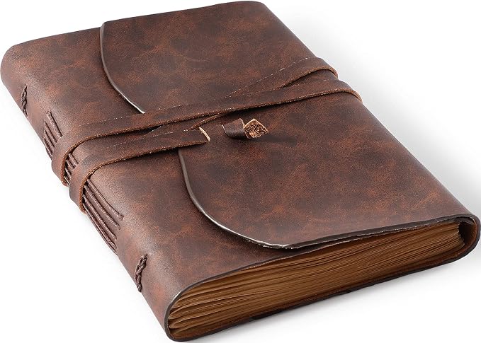 Leather Bound Journal for Men/Women, Rustic Vintage Handmade Large Writing Notebook with 240 Kraft Lined Pages(6x8 inches), Business/Travel Daily Notepad Sketchbook Gift - Brown