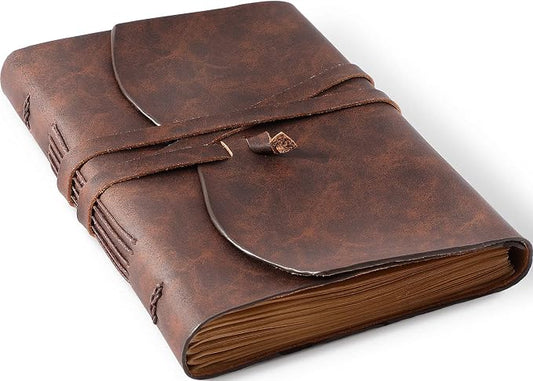 Leather Bound Journal for Men/Women, Rustic Vintage Handmade Large Writing Notebook with 240 Kraft Lined Pages(6x8 inches), Business/Travel Daily Notepad Sketchbook Gift - Brown