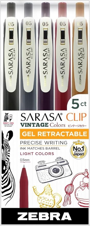 Zebra Pen SARASA Clip Retractable Gel Pen, Assorted Vintage Light Ink, 5-Pk