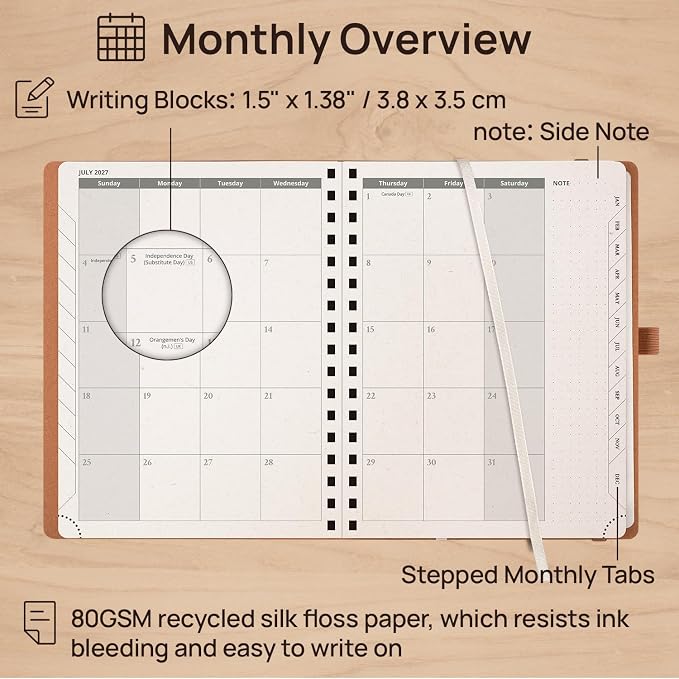 POPRUN 2027 Planner, 6.5''x8.5'' Recycled Paper Weekly and Monthly Calendar | Daily Calendar Book with Italian Regenrated Leather, Appointment Book with Hourly Time Slots, Pen Holder - Black Grey