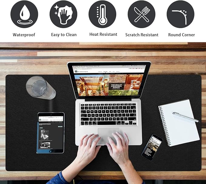 Multifunctional Office Desk Pad Mat Blotter on Top of Desks Non-Slip Desk Writing Mat Waterproof Desk Mat Protector for Desktop PVC Leather Desk Mouse Pad for Office Home (Black, 14" x 24")